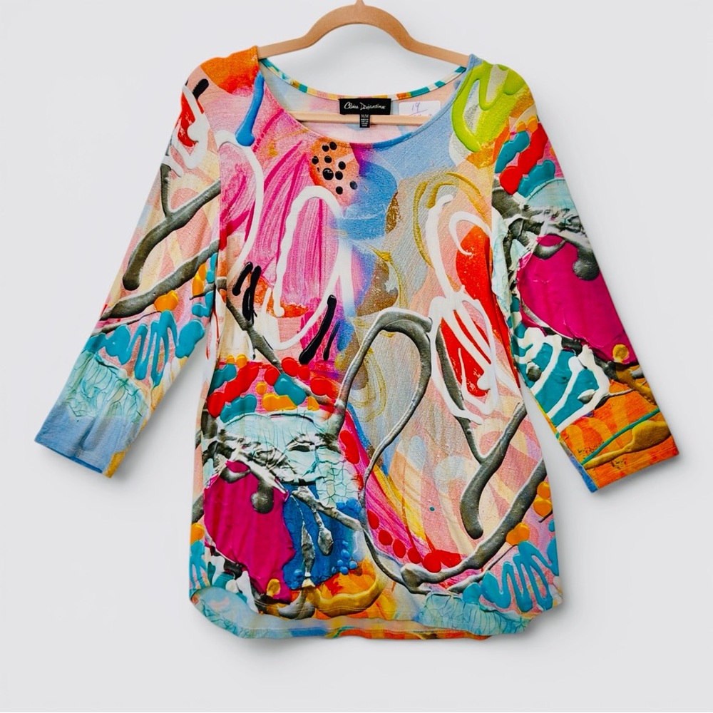 Claire Desjardins Abstract Print Tunic Top Size M Multicolor 3/4 Sleeve Artsy